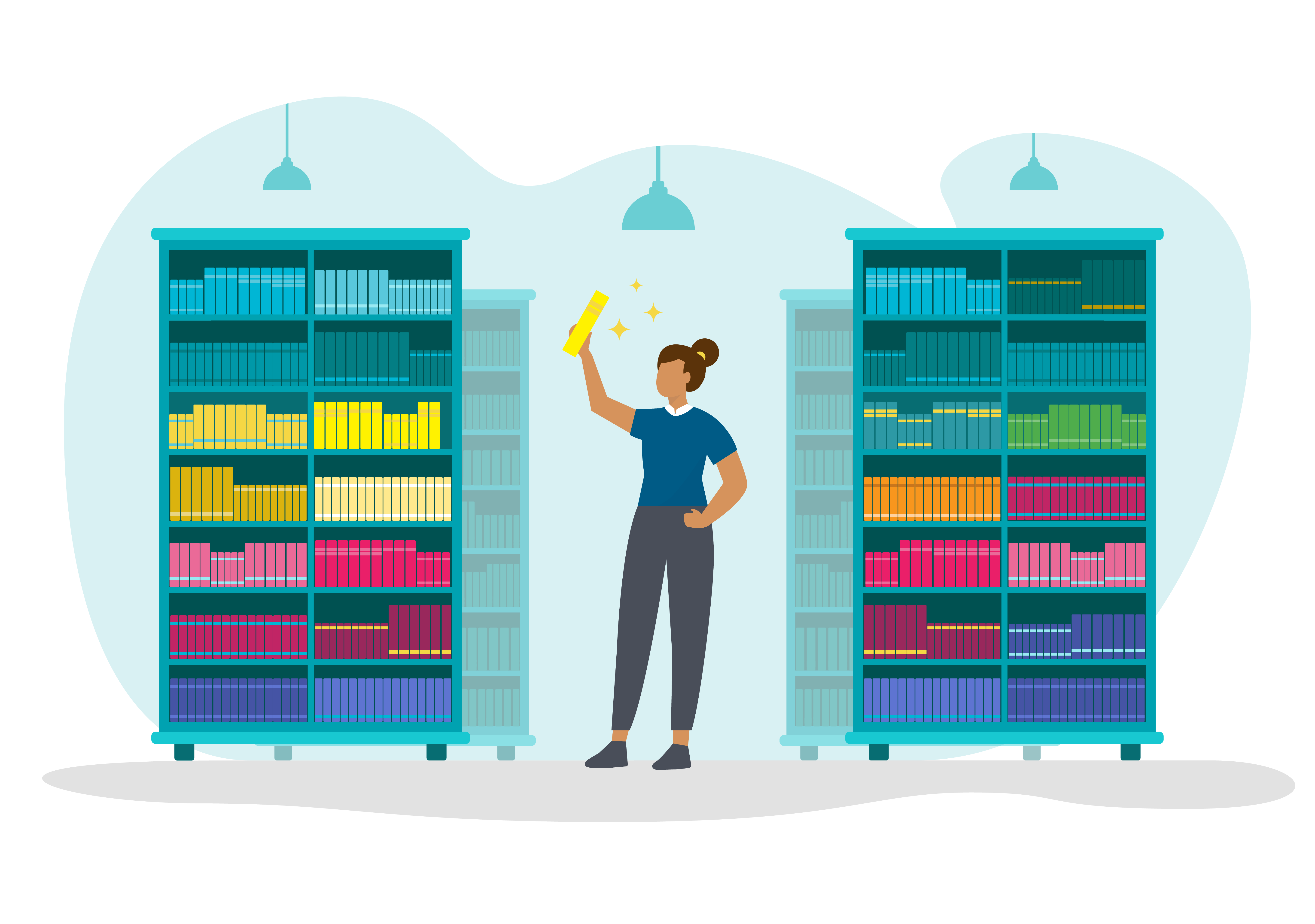 Graphical illustration of a person standing in an organised library surrounded by book shelves