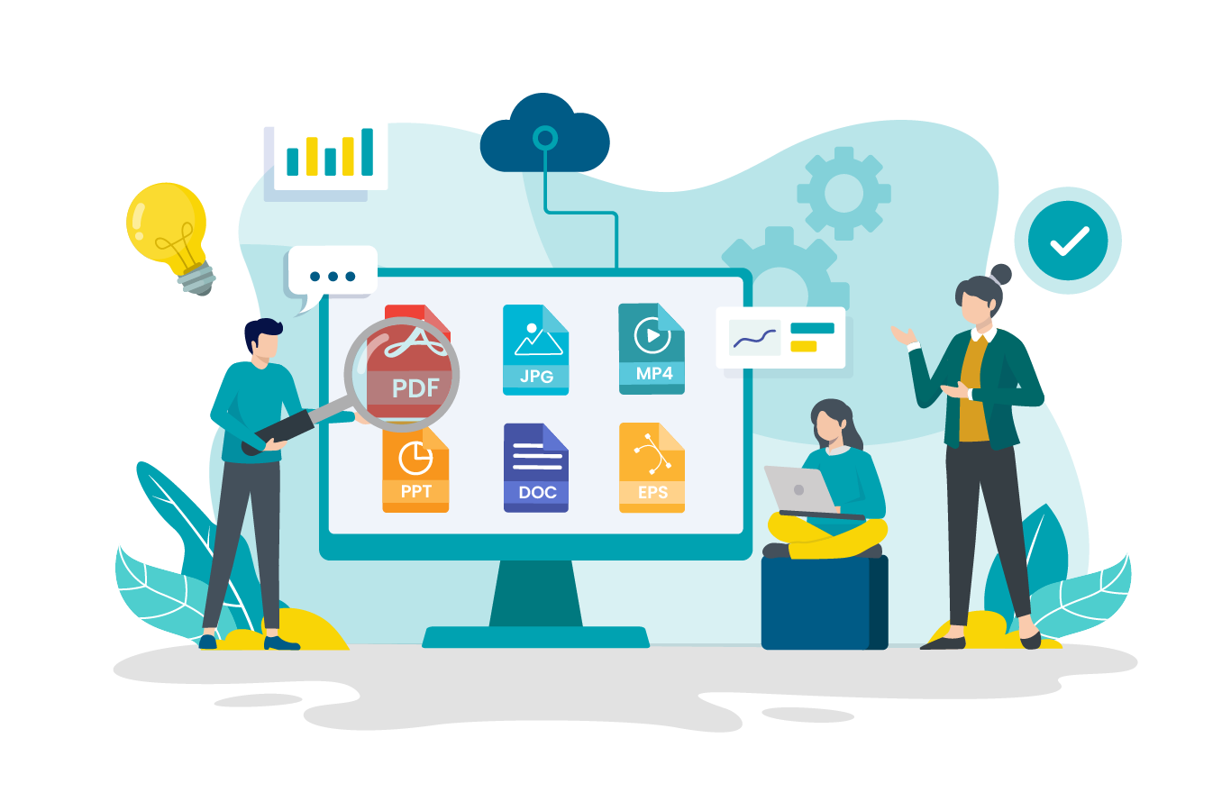 Graphical illustration of staff looking for files on a computer