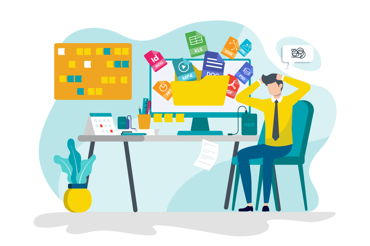 Graphical illustration of a man at a desk all frazzled and overwhelmed. His computer has a flurry of digital files flying out of it in all directions