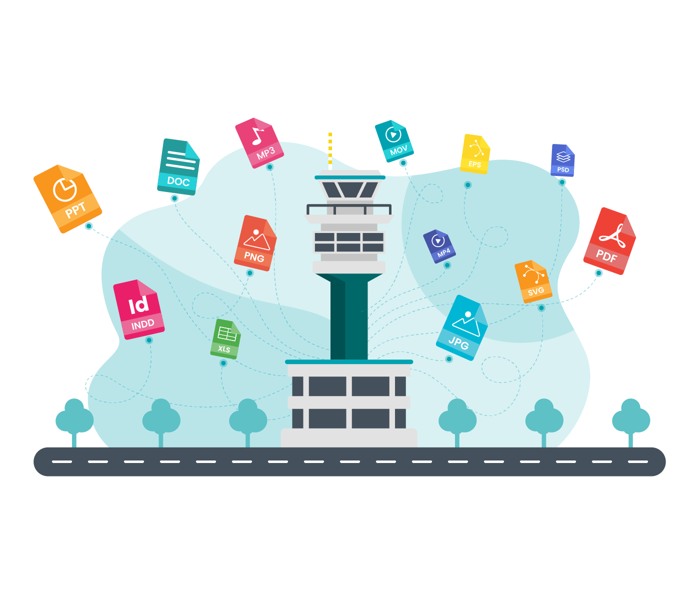 Graphical illustration of a control tower with digital files flying around it